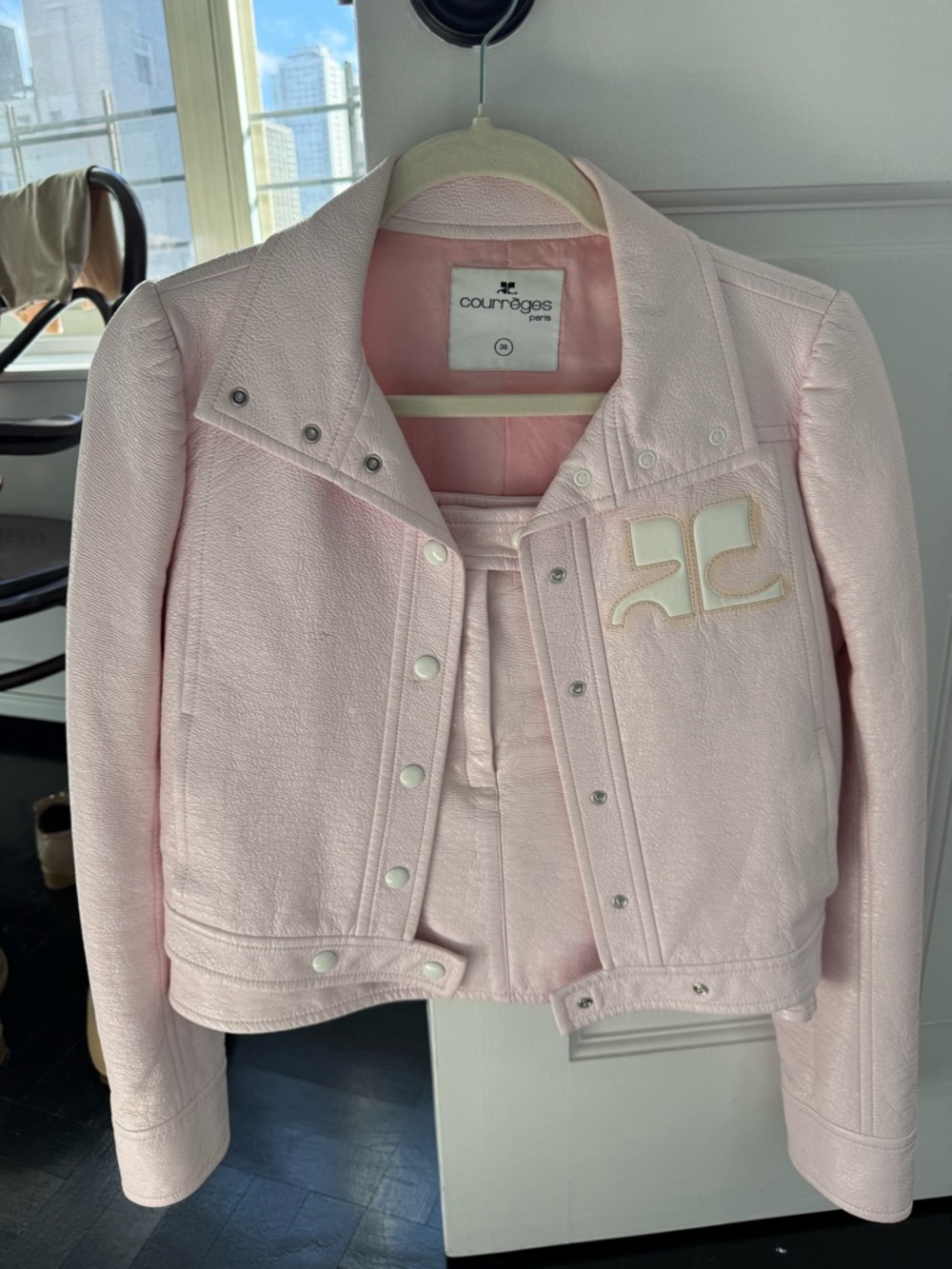 Courrèges Pale Pink Logo Jacket and Skirt Set 36